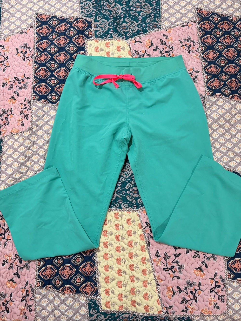 Figs Teal Scrubs with Pink Drawstring